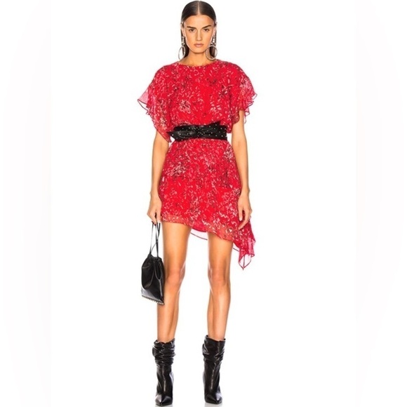 IRO Blame Dress Asymmetrical Hem Floral Red Size 38/6 - Picture 11 of 12